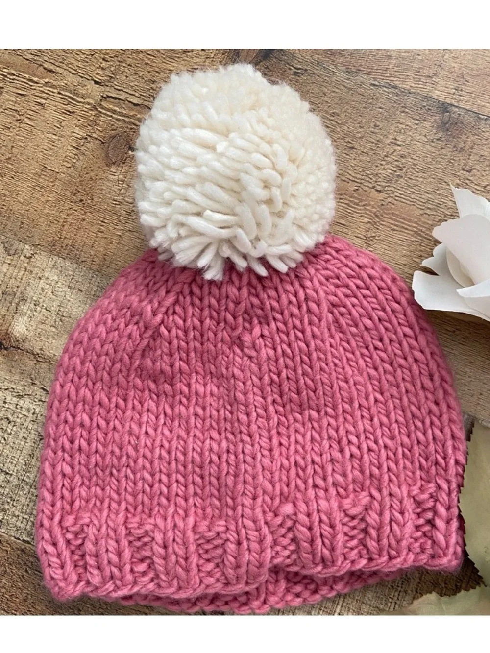 Beanie Hats (2) Hand Knit Cozy 2 HATS INFANT + Toddler Pom Pom Valentines Day